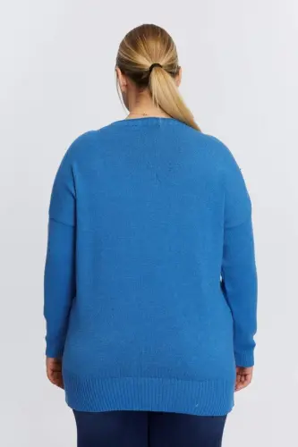 Plus Size Boat Neck Cashmere Blend Printed Knitwear Indigo - 5