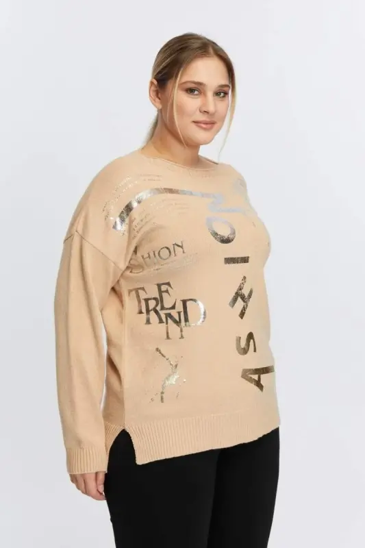 Plus Size Boat Neck Cashmere Blend Printed Knitwear Mink - 3