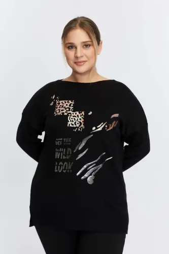 Plus Size Boat Neck Leopard Print Knitted Black - 1