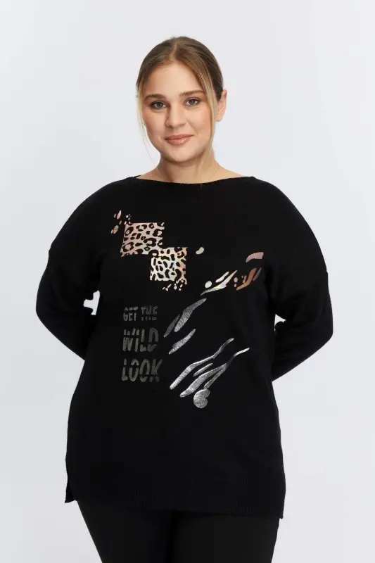 Plus Size Boat Neck Leopard Print Knitted Black - 1
