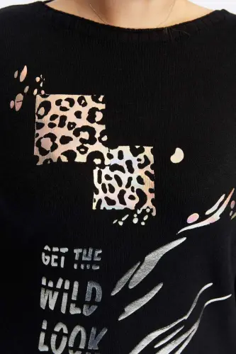 Plus Size Boat Neck Leopard Print Knitted Black - BÜYÜKBEDENIZ (1)