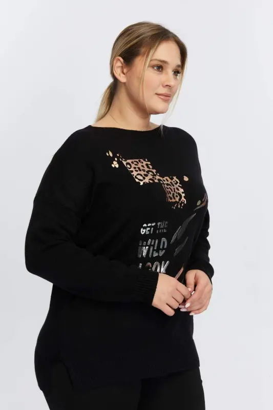 Plus Size Boat Neck Leopard Print Knitted Black - 3