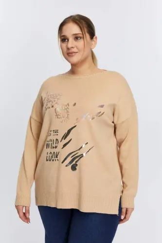 Plus Size Boat Neck Leopard Print Knitted Mink - 1