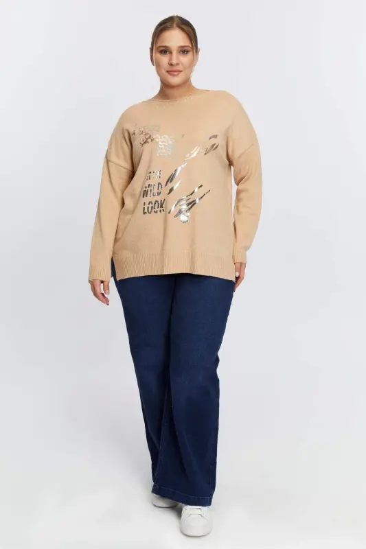 Plus Size Boat Neck Leopard Print Knitted Mink - 7