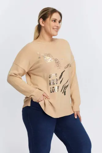 Plus Size Boat Neck Leopard Print Knitted Mink - 3