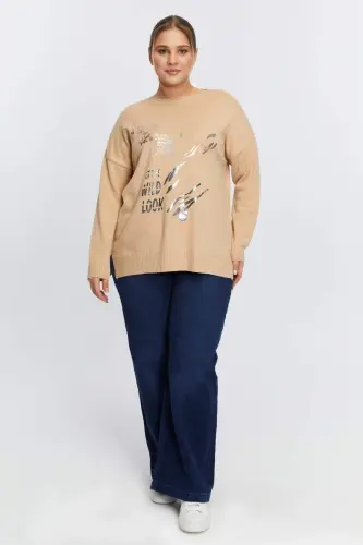 Plus Size Boat Neck Leopard Print Knitted Mink - 4