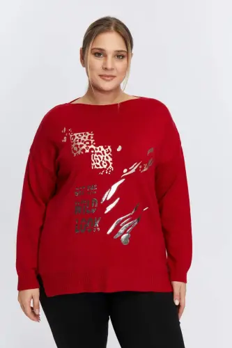 Plus Size Boat Neck Leopard Print Knitwear Red - 1