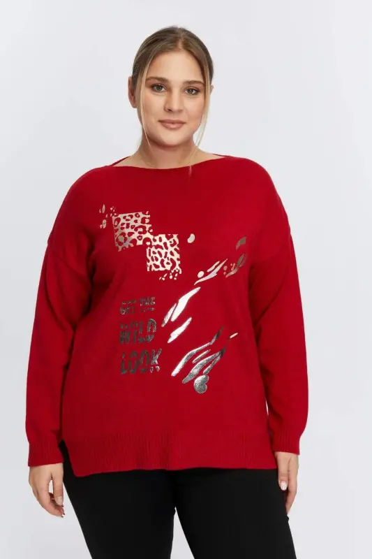 Plus Size Boat Neck Leopard Print Knitwear Red - BÜYÜKBEDENIZ