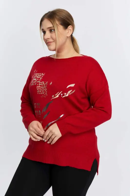 Plus Size Boat Neck Leopard Print Knitwear Red - 2