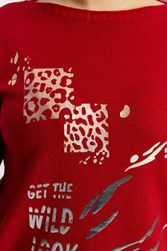 Plus Size Boat Neck Leopard Print Knitwear Red - 3