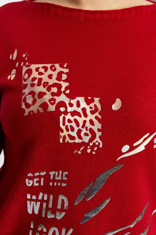 Plus Size Boat Neck Leopard Print Knitwear Red - 3