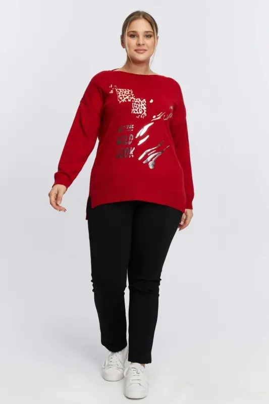 Plus Size Boat Neck Leopard Print Knitwear Red - 4