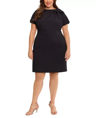 Plus Size Bow-Neck Sheath Dress - Black - 1