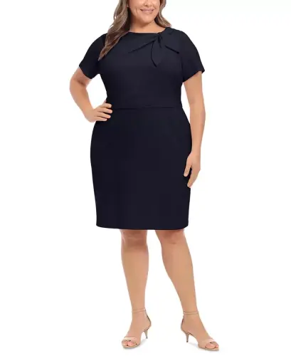 Plus Size Bow-Neck Sheath Dress - Navy - 1