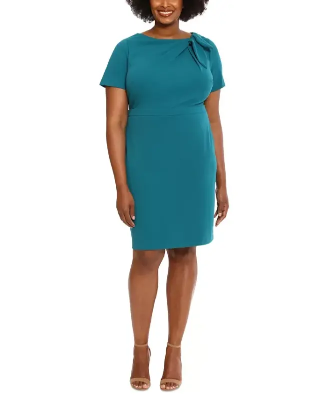 Plus Size Bow-Neck Sheath Dress - Spruce - LONDON TIMES