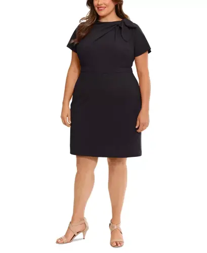 Plus Size Bow-Neck Sheath Ko'ylak - Qora - 3
