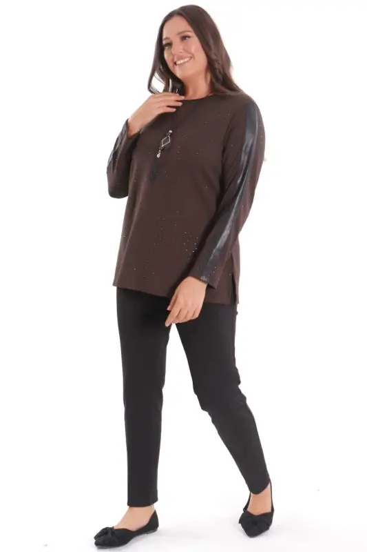 Plus Size Brown Blouse with Leather Strip Detail on Sleeves and Integrated Stones - 4