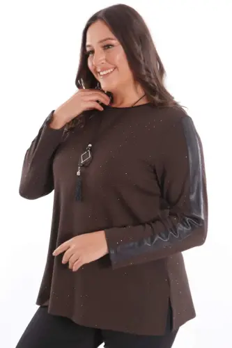 Plus Size Brown Blouse with Leather Strip Detail on Sleeves and Integrated Stones - 5