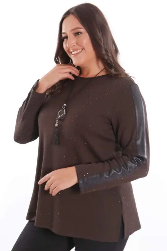 Plus Size Brown Blouse with Leather Stripe Detail on Sleeve and Self-Stones - 5