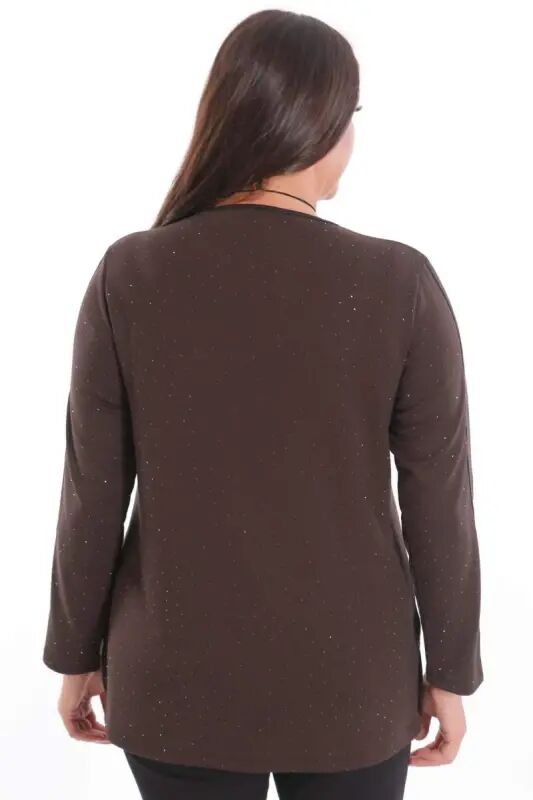 Plus Size Brown Blouse with Leather Stripe Detail on Sleeve and Self-Stones - 6