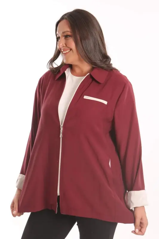 Plus Size Burgundy Trench Coat with Zipper - 4