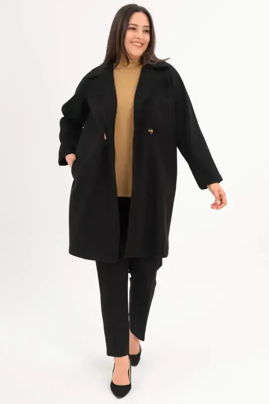 Plus Size Button Detailed Cache Black Coat - 1