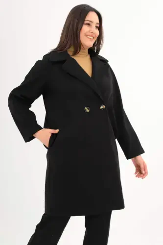 Plus Size Button Detailed Cache Black Coat - BÜYÜKBEDENIZ (1)