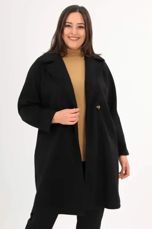 Plus Size Button Detailed Cache Black Coat - 3