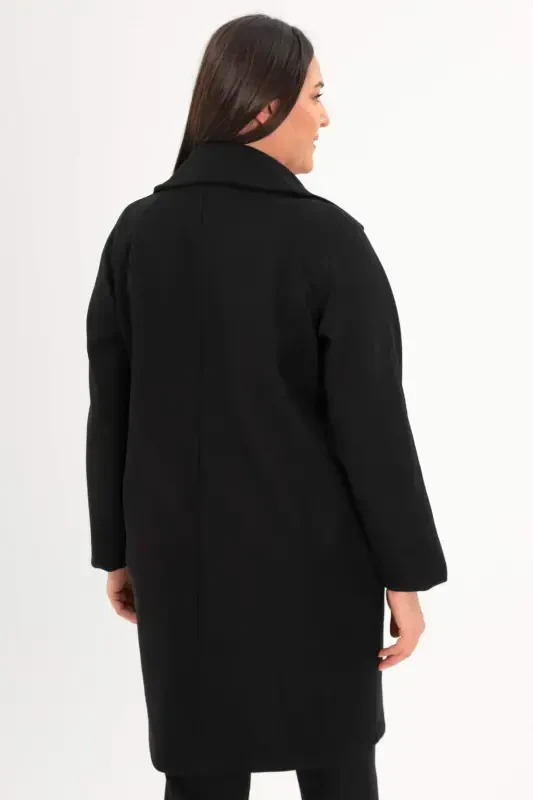 Plus Size Button Detailed Cache Black Coat - 5