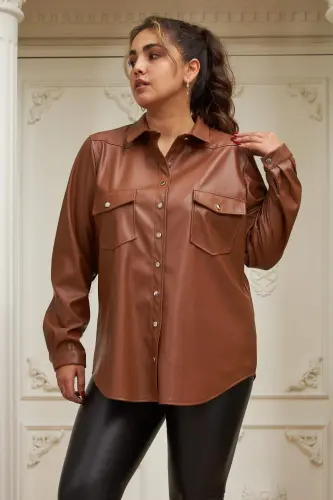 Plus Size Camel Leather Shirt - 1