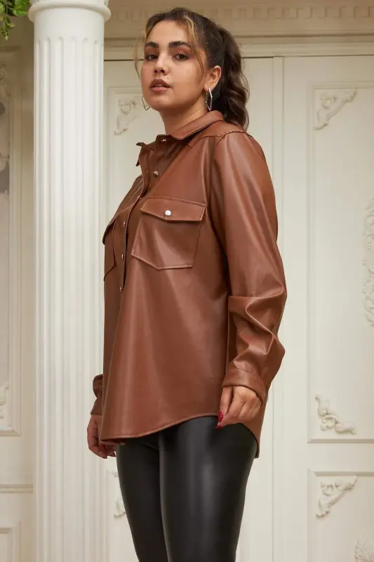 Plus Size Camel Leather Shirt - 9