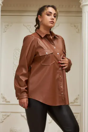 Plus Size Camel Leather Shirt - BÜYÜKBEDENIZ (1)