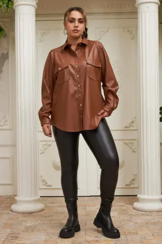 Plus Size Camel Leather Shirt - 5