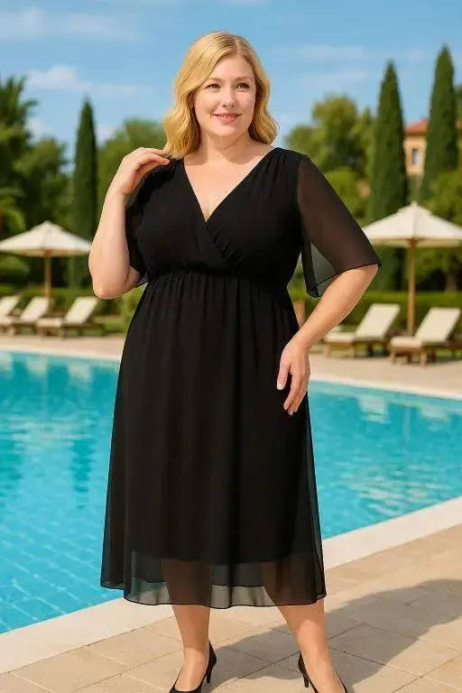 Plus Size Cape Sleeve Chiffon Evening Dress KL3096 - BÜYÜKBEDENIZ
