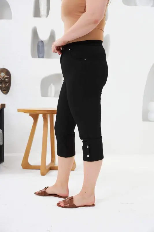Plus Size Capri Black with Button Detail at Hem - 1