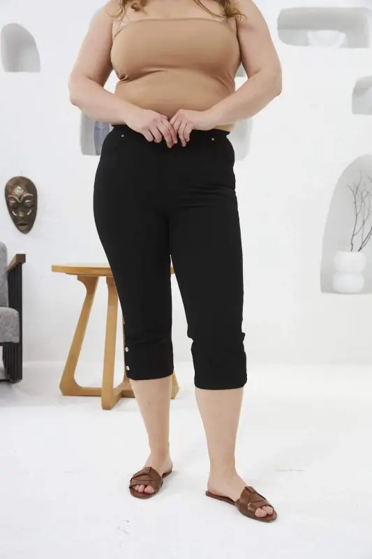 Plus Size Capri Black with Button Detail at Hem - 2