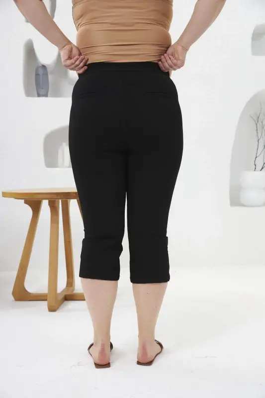 Plus Size Capri Black with Button Detail at Hem - 3
