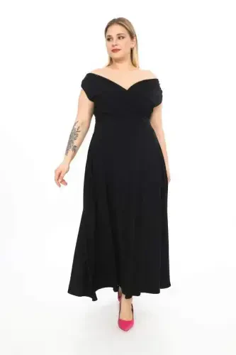 Plus Size Carmen Neck Stretchy And Lycra Black Long Evening Dress GLS07 - 1