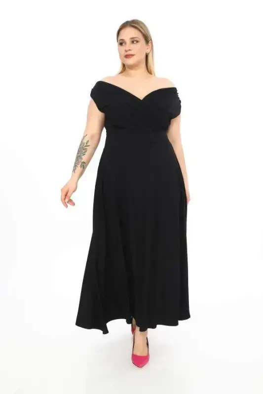 Plus Size Carmen Neck Stretchy And Lycra Black Long Evening Dress GLS07 - BÜYÜKBEDENIZ