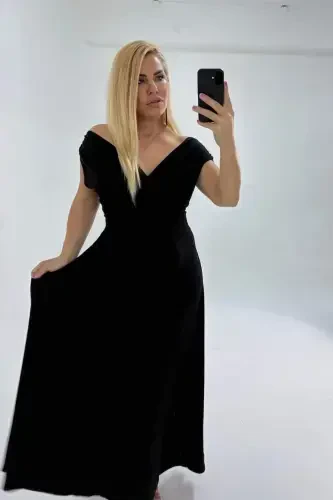 Plus Size Carmen Neck Stretchy And Lycra Black Long Evening Dress GLS07 - 4