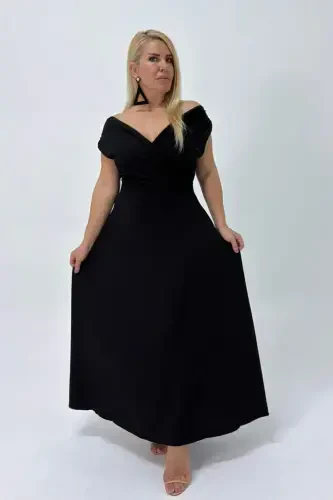 Plus Size Carmen Neck Stretchy And Lycra Black Long Evening Dress GLS07 - 5