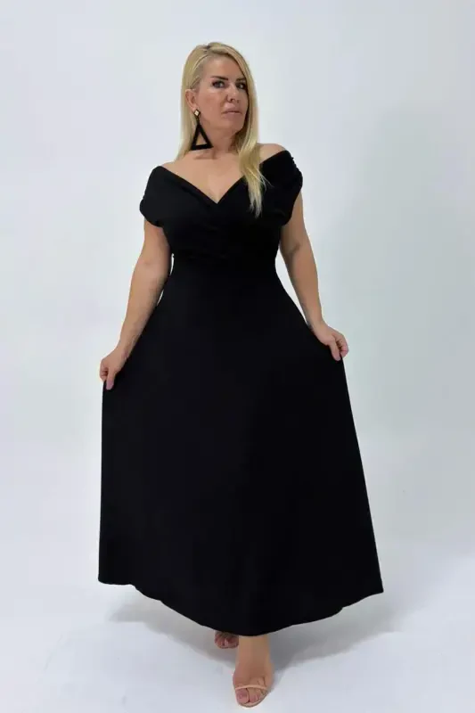 Plus Size Carmen Neck Stretchy And Lycra Black Long Evening Dress GLS07 - 5