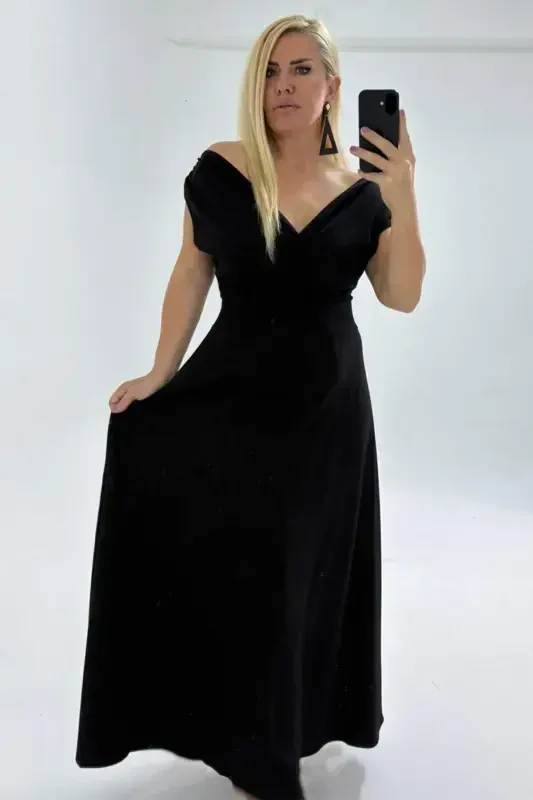 Plus Size Carmen Neck Stretchy And Lycra Black Long Evening Dress GLS07 - 7