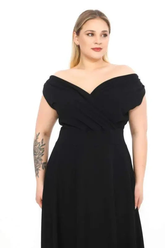 Plus Size Carmen Neck Stretchy And Lycra Black Long Evening Dress GLS07 - 5