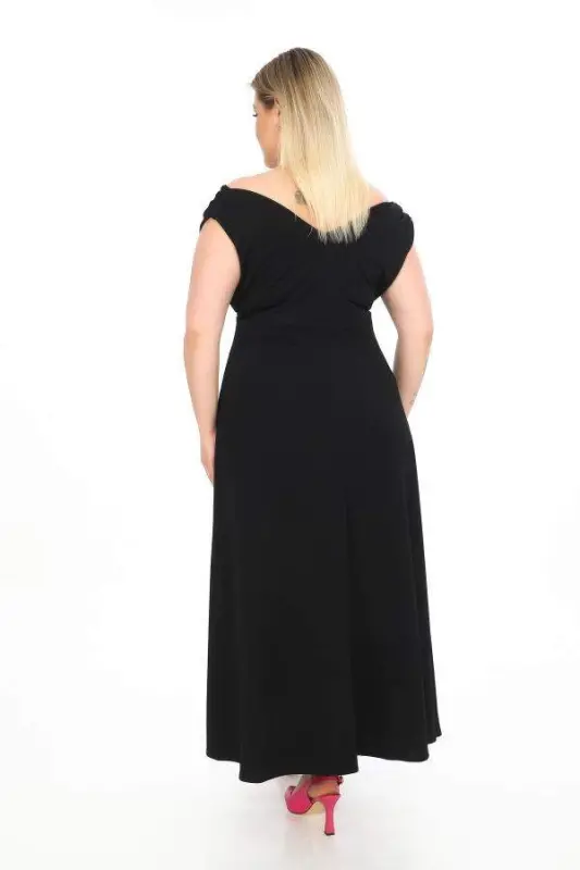 Plus Size Carmen Neck Stretchy And Lycra Black Long Evening Dress GLS07 - 7