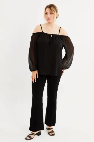 Plus Size Carmen Neckline Chiffon Blouse with Lining - BÜYÜKBEDENIZ (1)
