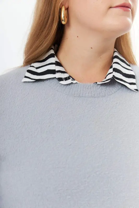 Plus Size Cashmere Blend Beanie Knit Sweater Grey - 7