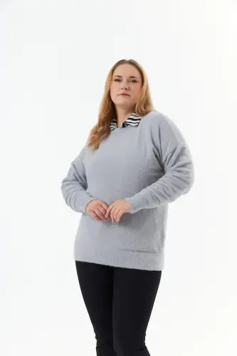 Plus Size Cashmere Blend Beanie Knit Sweater Grey - 1