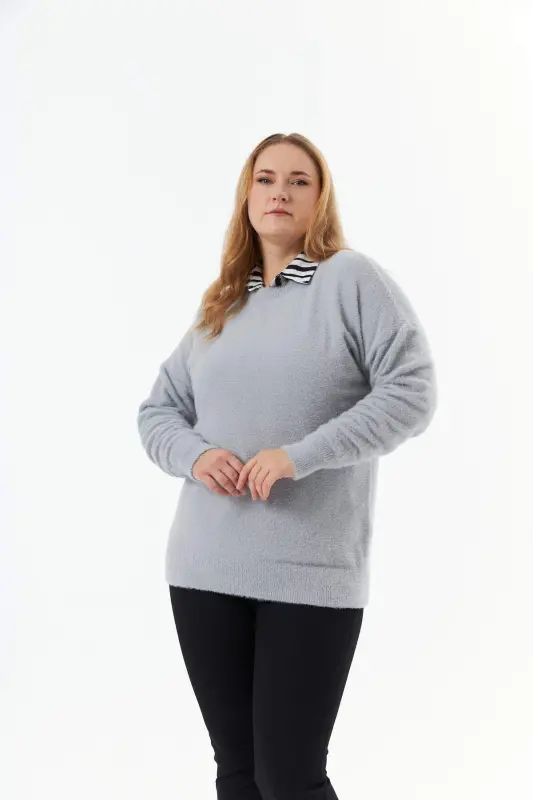 Plus Size Cashmere Blend Beanie Knit Sweater Grey - 1