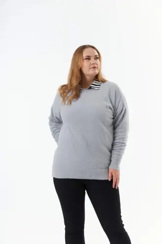 Plus Size Cashmere Blend Beanie Knit Sweater Grey - BÜYÜKBEDENIZ (1)